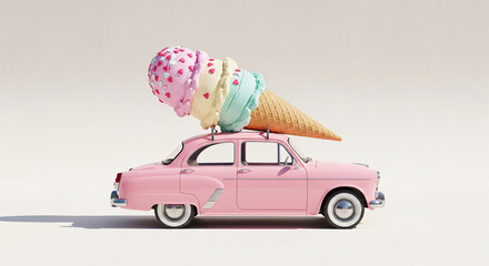 Pink vintage car with giant ice cream cone on roof, pastel colors, playful summer concept, advertising mockup