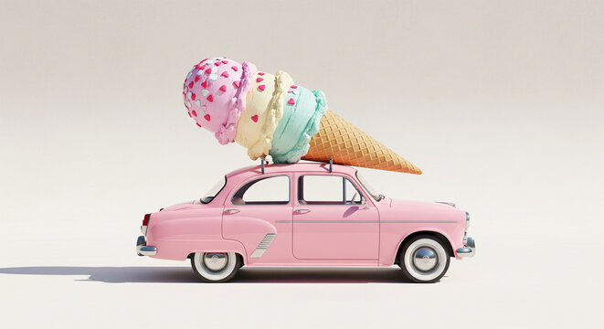 Fototapeta Pink vintage car with giant ice cream cone on roof, pastel colors, playful summer concept,  advertising mockup