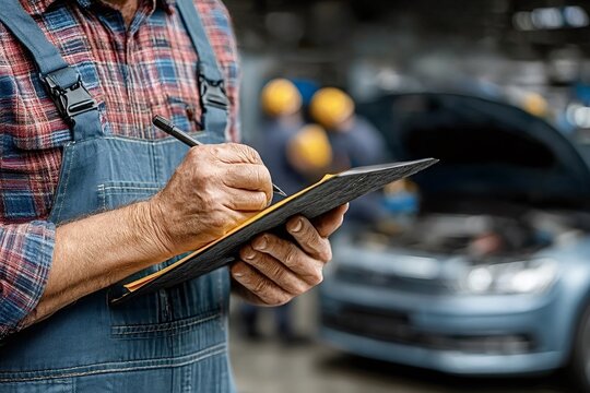 Close up of experienced mechanic taking notes, performing vehicle inspection and maintenance in professional garage, ensuring quality service and customer satisfaction