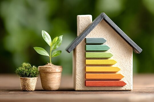 Colorful energy efficiency rating chart displayed on a miniature house model, accompanied by thriving plants, symbolizing eco consciousness and sustainable housing
