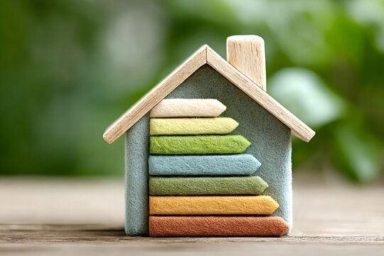Colorful arrow levels are emerging from a miniature house, symbolizing the concept of energy efficiency rating and sustainable housing against a blurred green background - Powered by Adobe