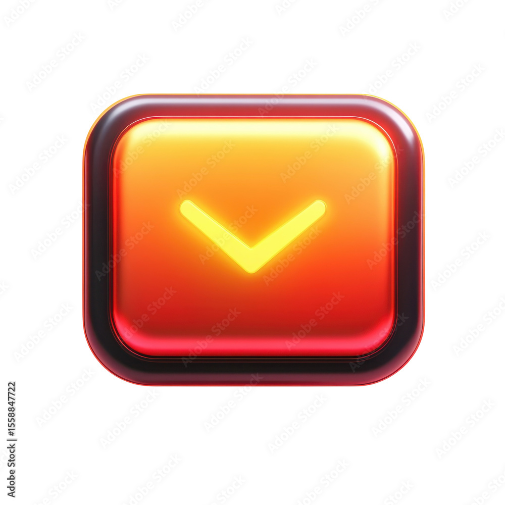 Poster neon drop down arrow button glowing orange interface element for ux design on transparent background