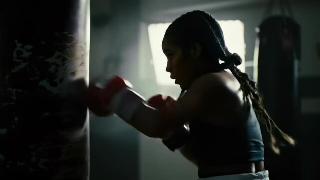 Powerful young Black woman athlete intensely training, punching a heavy bag in a dimly lit boxing gym.