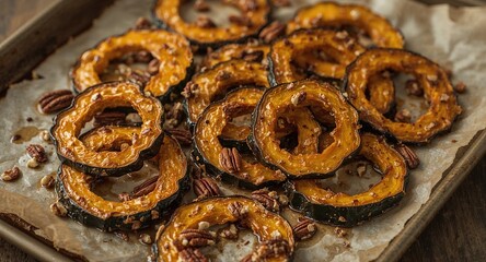 Close up of roasted acorn squash slices with pecans on parchment paper on a baking sheet tray