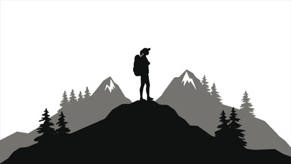 Obraz premium A hiker with a backpack stands on a mountain peak, enjoying a scenic view