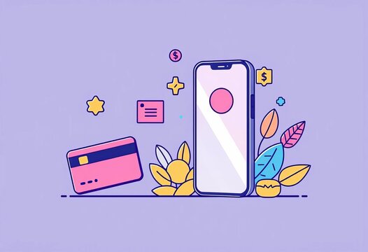 Flat outline style illustration of mobile phone, credit card, and online payment interface elements,  button,  digital transaction