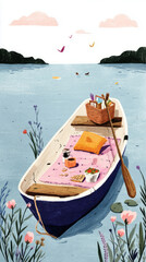 Obraz premium A small boat is anchored on tranquil waters, featuring a charming picnic setup with a tablecloth, food, drinks, and a pink umbrella, creating a relaxing atmosphere
