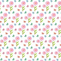 Repeating pink and blue daisies