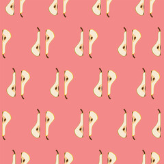 Green Pear Halves on Rose Background. Seamless Pattern Design