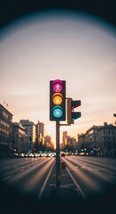 City Traffic Light at Sunset Vibrant Colors and Urban Landscape