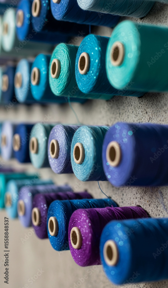 Poster close-up of many spools of thread, various shades of blue and purple, showcasing texture and color v