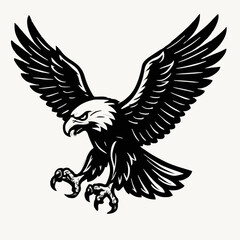 Fototapeta premium Bold black eagle vector art with wings spread in flight. Perfect for logos, tattoos, patriotic designs, emblems, wildlife graphics, or digital illustrations requiring strength and power.