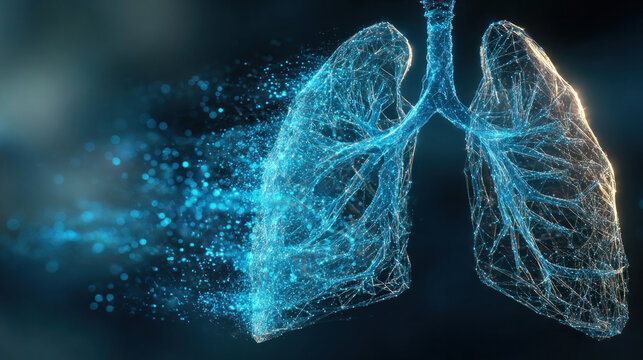 Futuristic 3D medical visualization of bronchi and lungs during inhalation and exhalation, smooth airflow particles and dynamic expansion, science and anatomy concept