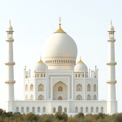 Majestic white mosque with golden accents, two minarets, and lush greenery at the base