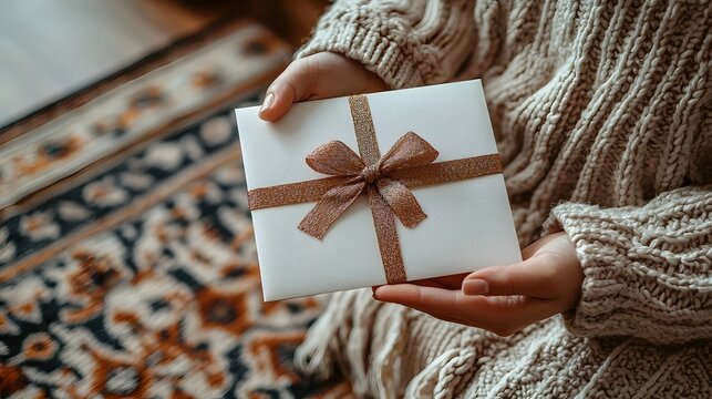 A cozy hand wrapped gift on a patterned welcome mat