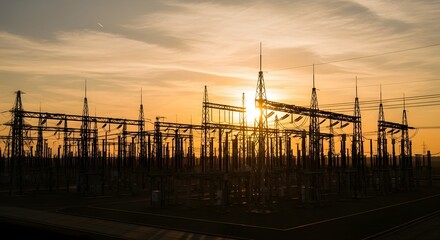 Obraz premium Electrical Substation Silhouetted Against Orange Sunset Sky with Power Lines