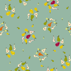 Red, Green and Yellow Pears and Pear Halves Clusters on Green Background. Seamless Pattern Design