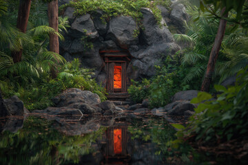 Mysterious glowing shrine door in natural cave surrounded by lush green tropical forest, tranquil water reflection, serene and enchanting atmosphere