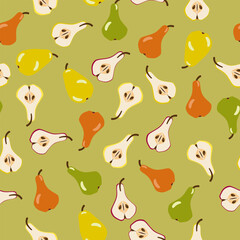 Orange, Red and Green Pears and Pear Halves on Green Background Tossed Around. Seamless Pattern Design