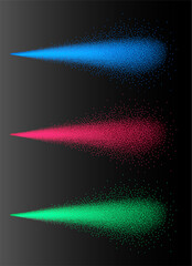 Colorful particle spray effect with blue, red, and green dots on dark gradient background, abstract dynamic motion burst with glowing light particles