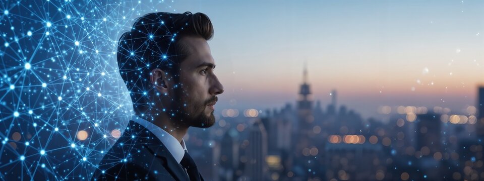 Businessman with digital network overlay on head looking at city skyline at dusk, representing technology and innovation.