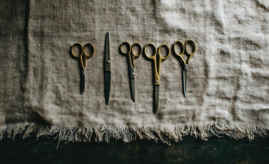 Vintage brass scissors and metal repair tool arranged on textured raw hemp cloth, creating rustic and nostalgic atmosphere with wide open space and natural light
