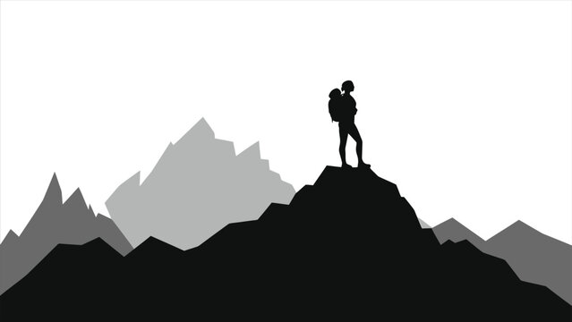 Silhouette of a hiker on a mountain peak/A powerful silhouette of a person with a backpack standing atop a mountain peak, against a backdrop of stylized, grayscale mountains.