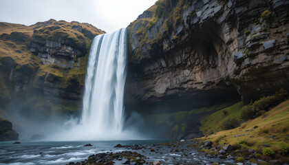 Powerful Waterfall Pouring into Misty Pool Amid Lush Cliffs &ndash; Dramatic Wilderness Scene