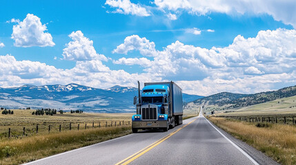 A blue semi-truck driving down a two-lane highway with mountains in the background and a clear blue sky with fluffy white clouds.