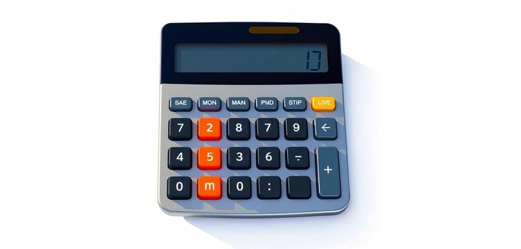 Flat style electronic calculator with realistic shadow, digital keypad, isolated on white background Vector illustration, simple, office supplies