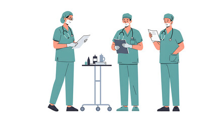 Three Doctors in Teal Scrubs Reviewing Medical Charts.