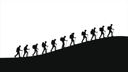 Hikers Climbing a Mountain Trail, Silhouette/A strong, inspiring silhouette of a group of hikers ascending a mountain.