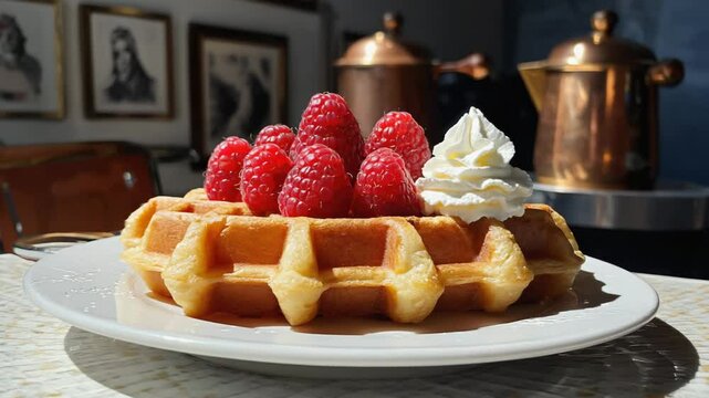 Belgian Li&egrave;ge waffles, crispy caramelized sugar on the outside with soft,  served with whipped cream and fresh fruit
