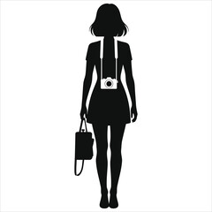 Silhouette of a Woman Tourist with Camera and Bag/A simple, elegant silhouette of a woman carrying a camera and bag, suitable for travel, photography, or lifestyle themes.