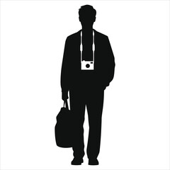 Silhouette of a traveler with a camera and backpack/Full shot silhouette of a man carrying a camera and backpack.