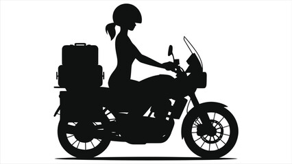 Solo Female Motorcyclist on a Journey/A stylish silhouette of a woman riding a large adventure motorcycle, laden with luggage.