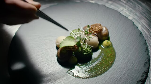 Fine Dining Presentation: A chef's hand, using tweezers, meticulously adds the final touch to an artistic gourmet dish on a dark plate, emphasizing precise culinary artistry.