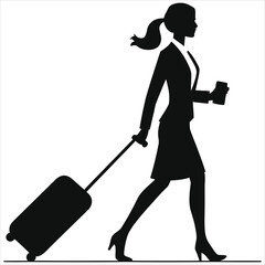 Businesswoman Traveling with Suitcase, Side View Silhouette/A simple, elegant silhouette of a businesswoman walking while pulling a suitcase.