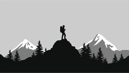 Silhouetted hiker atop mountain peak, serene landscape/A grayscale silhouette of a hiker standing on a mountain peak, overlooking a serene landscape of snow-capped mountains and evergreen forests.