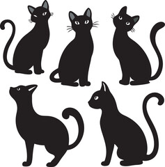 A collection of whimsical and stylized cat illustrations, depicting felines in playful and imaginative settings, often with a dreamlike quality