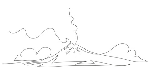 Mountain landscape in continuous one line style. Hand-drawn silhouette of Mount Fuji. Minimalist vector contour illustration of nature, rocks, and panoramic scenery. Isolated linear design.