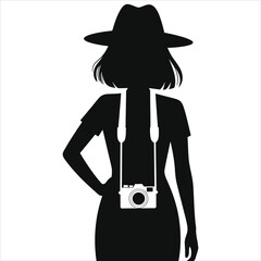 Stylish Silhouette of a Woman Traveler with Camera/A simple, elegant silhouette of a woman wearing a hat and carrying a camera, set against a plain, white background.