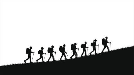 Silhouette of Hikers Climbing a Hill/A silhouette image of a group of hikers ascending a grassy hill.