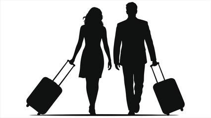 Silhouette of a couple traveling with luggage/A striking silhouette of a man and woman walking, each pulling a wheeled suitcase.
