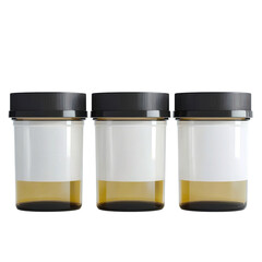 Three Urine Sample Collection Cups for Medical Testing Lab Clinical on transparent background
