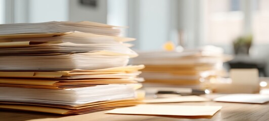 The stack of paperwork on a desk in a bright, organized office space.