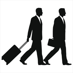 Two businessmen walking with luggage, professional travel silhouette/A silhouette image of two businessmen walking away from the viewer, each carrying a suitcase and briefcase.