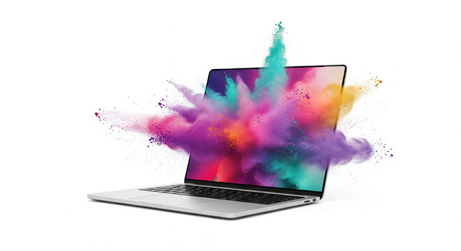 Laptop screen displaying colorful powder explosion, symbolizing creativity, innovation, and digital energy, perfect for technology or design concepts