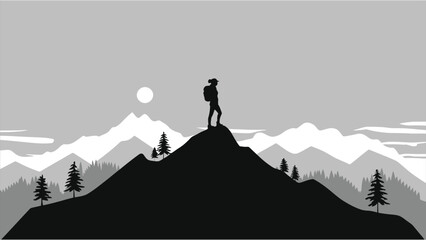 Silhouette of hiker on mountain peak, inspiring adventure/A grayscale silhouette of a hiker standing atop a mountain peak, overlooking a misty mountain range.