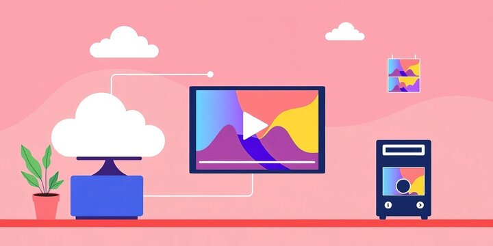 Flat design illustration of online video marketing workflow, cloud server upload, business, vector